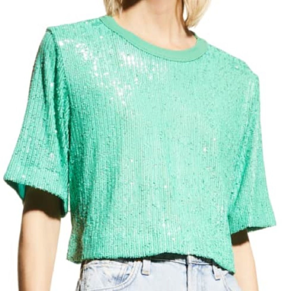 NWOT IN THE MOOD FOR LOVE Tanie Sequined Crewneck Top L Green Boxy Crop